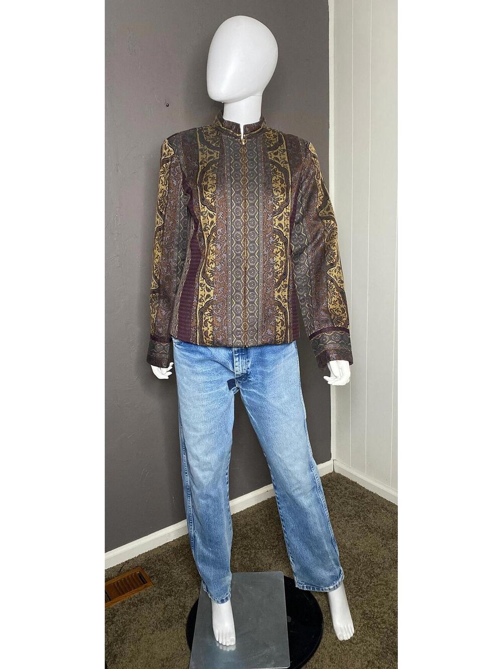 Y2K Brown Tapestry Jacket by Coldwater Creek XS-M Brown+ Gray Mandarin Collar